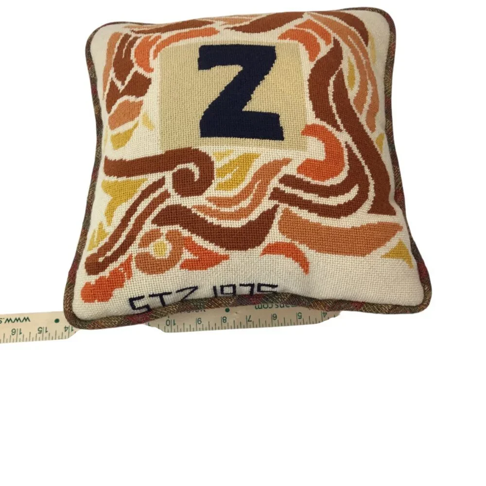 Vintage 1975 Needlepoint Pillow Initial Z Monogram Letter Retro Mod Groovy
